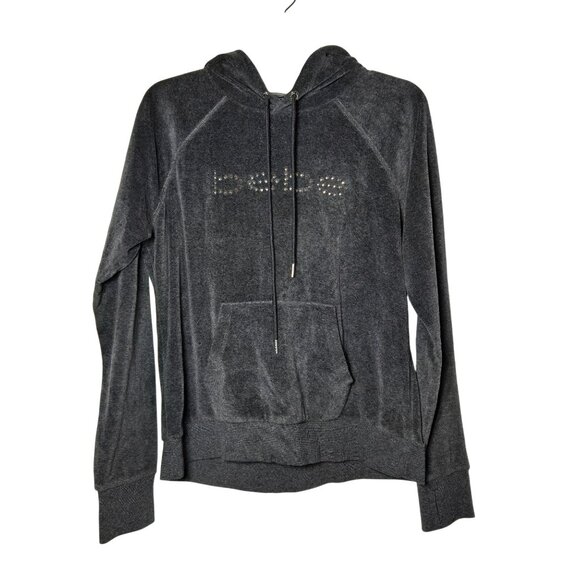 Bebe Sport Charcoal Gray Velvet Pullover Hoodie Sweatshirt Size Large Y2K Hood - Picture 1 of 8